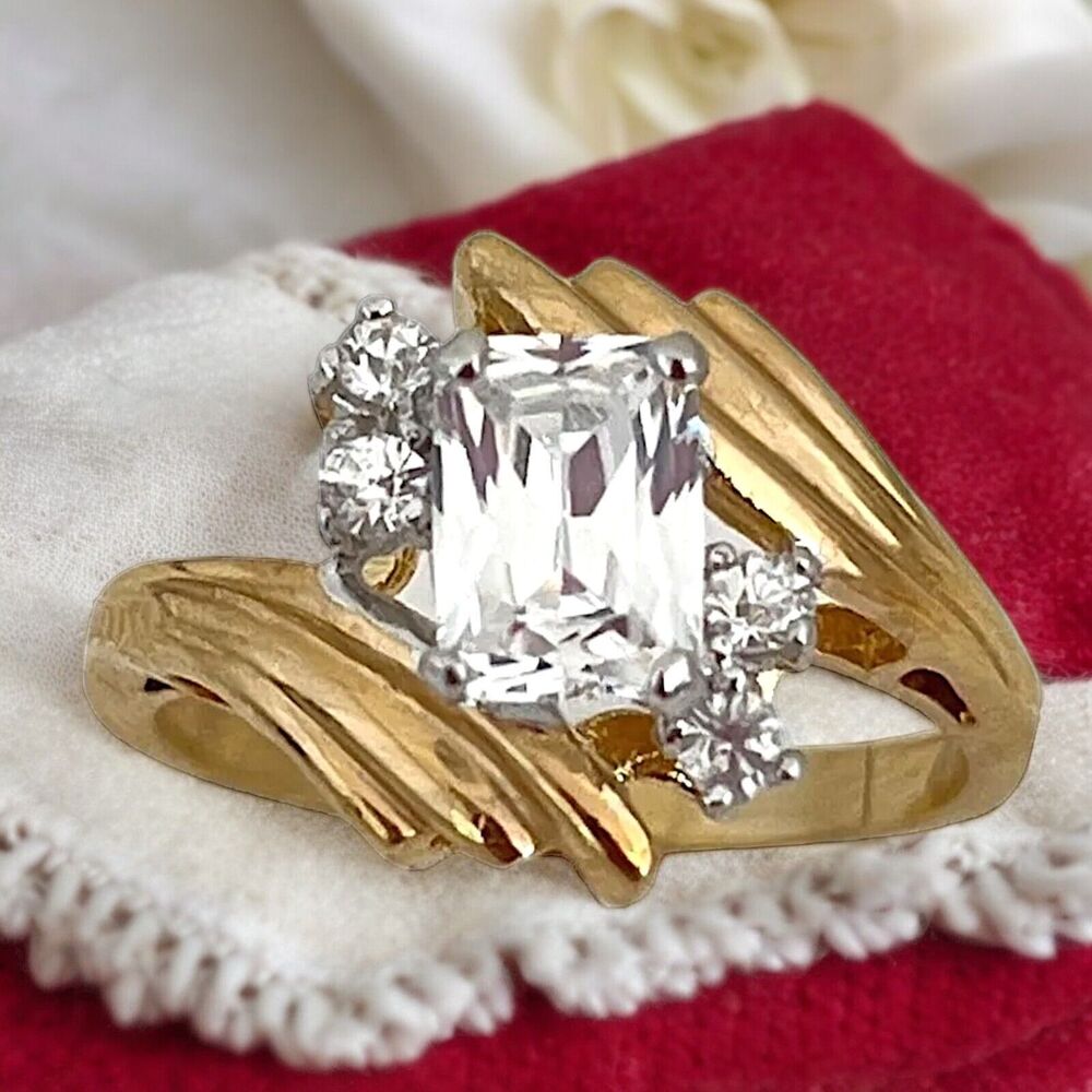 Vintage Ring Size 5 Cubic Zirconia Solitaire 14K Gold Plate Mid-Century MCM 14R